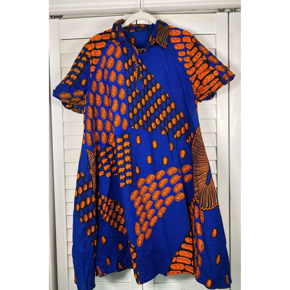 Mae Otti Colorful Orange/Blue Collar African Print Button Up Shirt Dress | 2XL